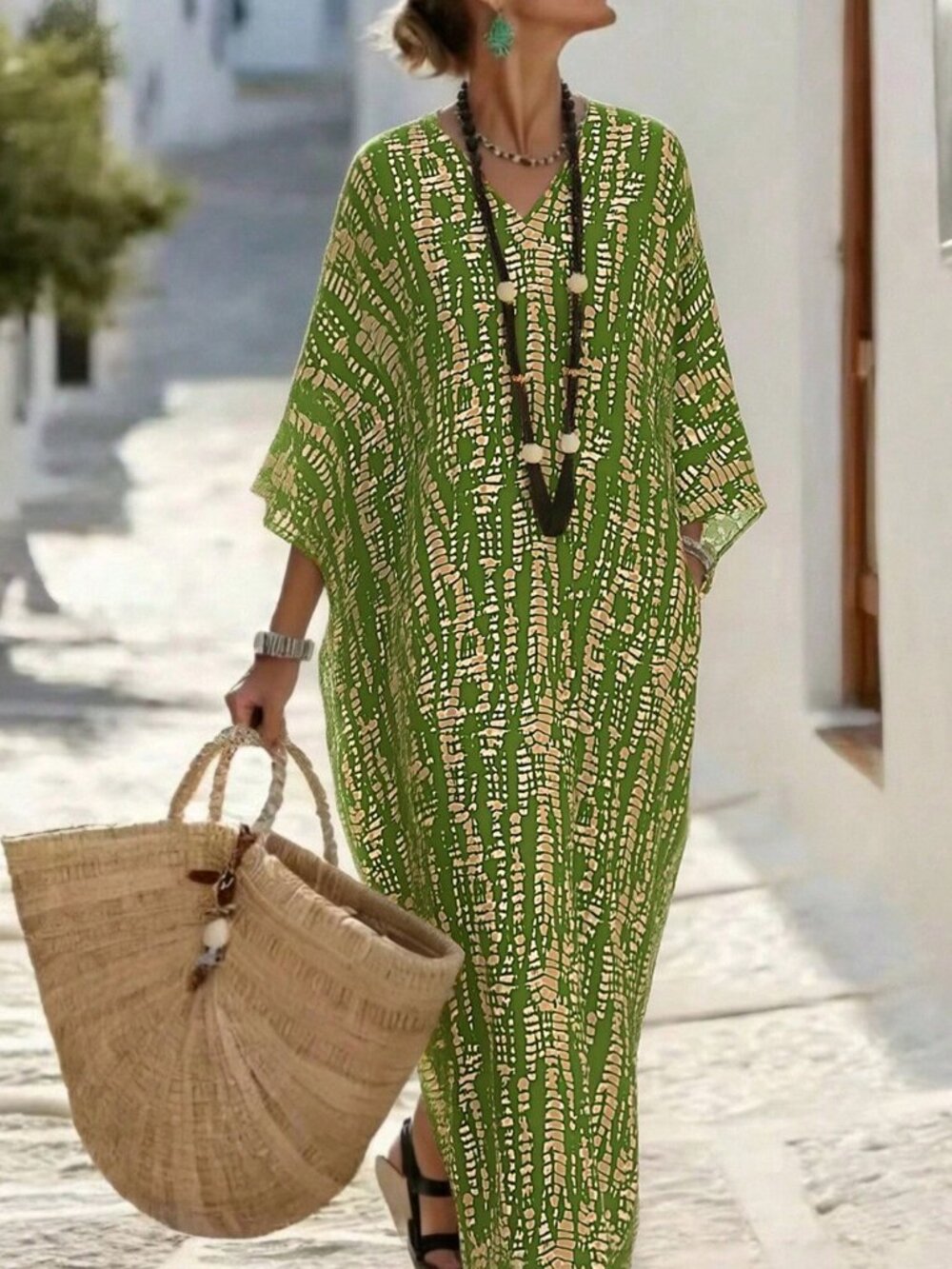 Olive Green Batwing Sleeve V-Neck Split Women's maxi Dress